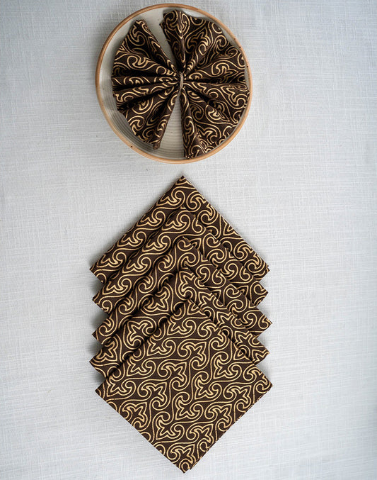 Set Of 6 - 12" Gold Print Paan Jaal Cotton Napkin / Festive Napkins