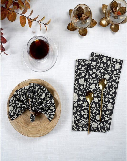 Set Of 4 - 10" Elegant Black Jaal Print Cotton Cocktail Napkin