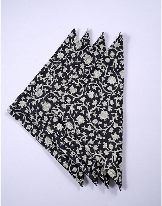 Set Of 4 - 10" Elegant Black Jaal Print Cotton Cocktail Napkin