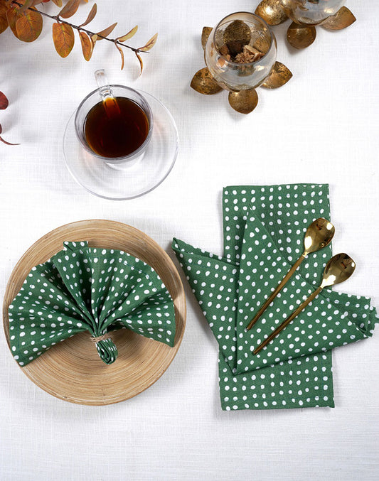 Set Of 6 - Green Linen Polka Dot Cocktail Napkin/ Party Napkin