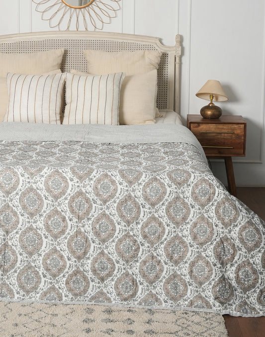 Grey Block Printed Cotton Quilt- Queen