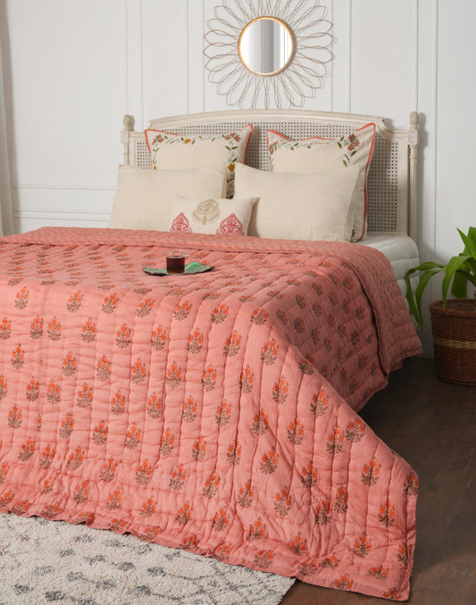 Pink Block Printed Cotton Quilt- Queen