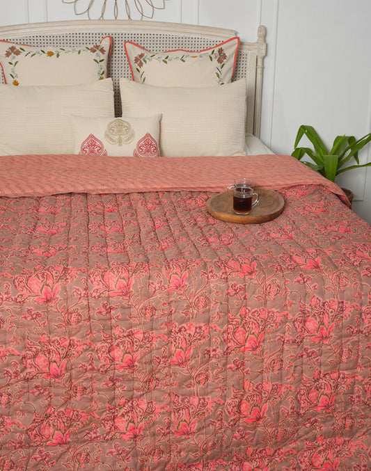 Pink Block Printed Cotton Quilt - Medium