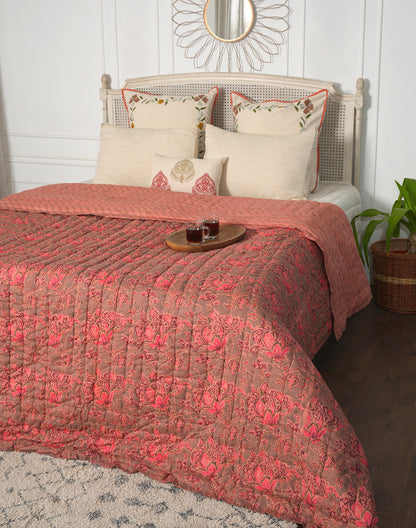 Pink Floral Block Printed Cotton Quilt-Queen