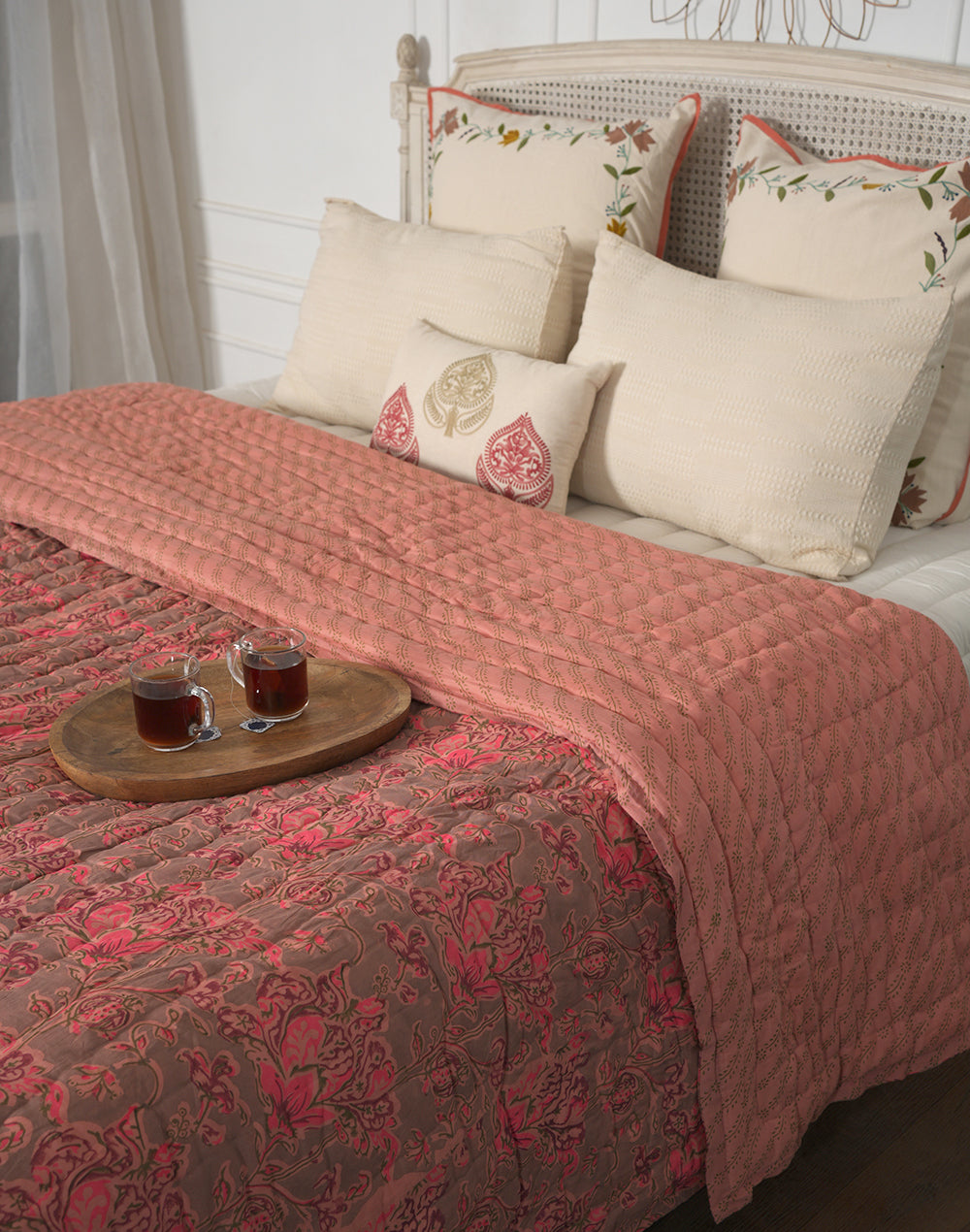 Pink Floral Block Printed Cotton Quilt-Queen