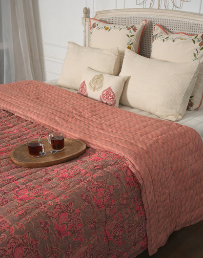 Pink Floral Block Printed Cotton Quilt-Queen