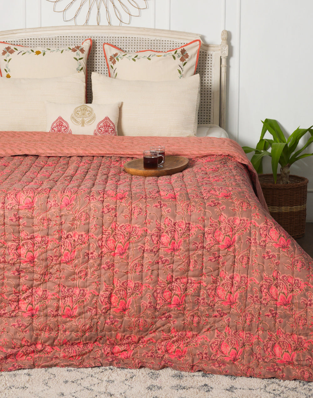 Pink Floral Block Printed Cotton Quilt-Queen