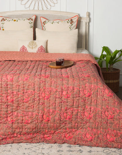 Pink Floral Block Printed Cotton Quilt-Queen