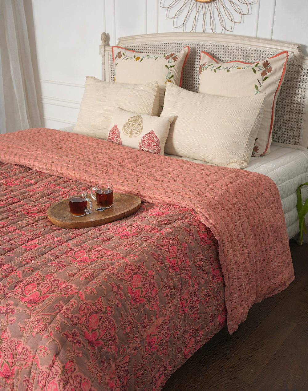 Pink Floral Block Printed Cotton Quilt-Queen