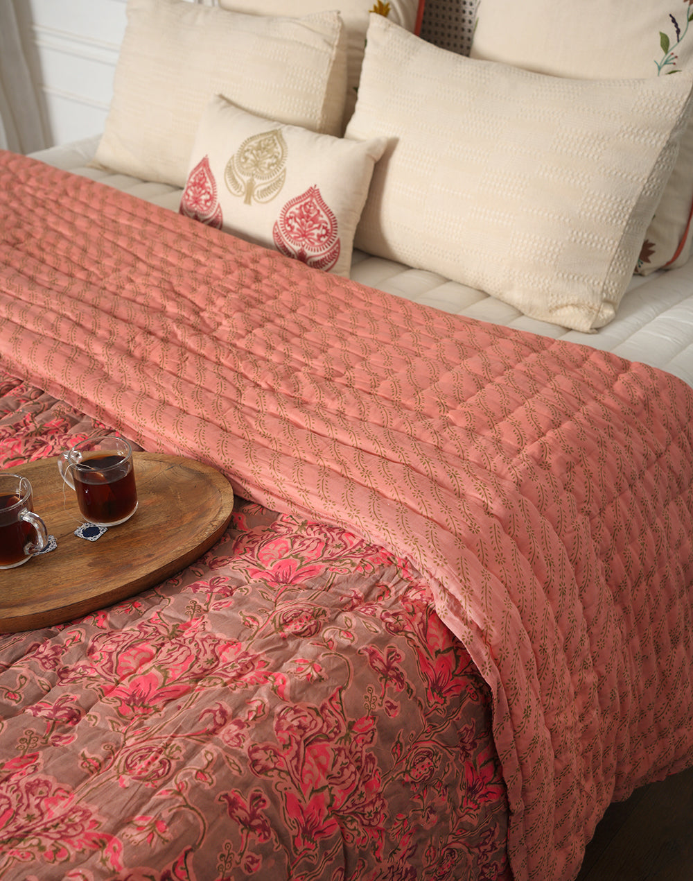 Pink Floral Block Printed Cotton Quilt-Queen