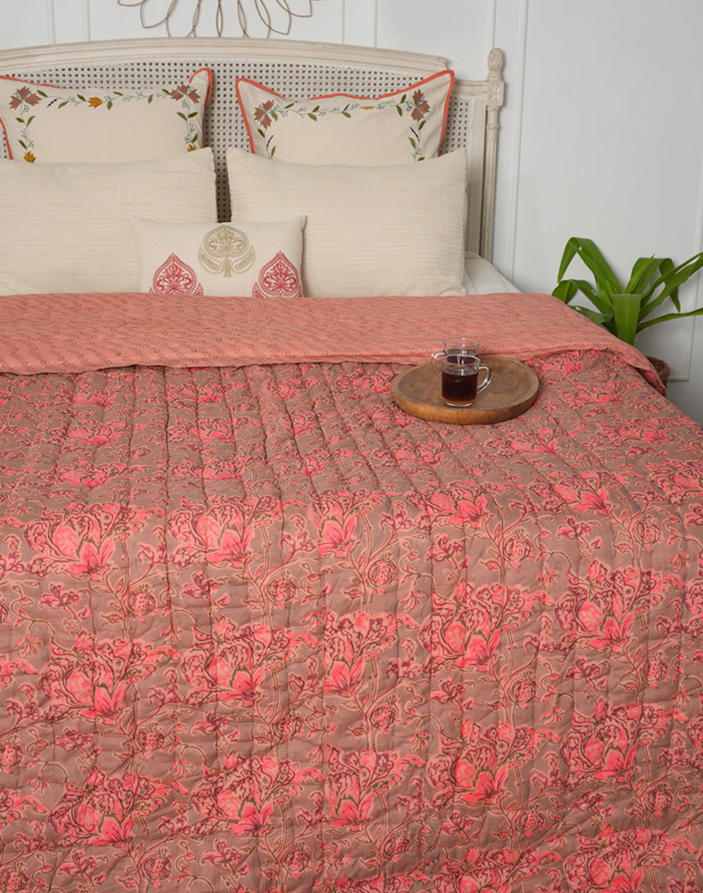 Pink Floral Block Printed Cotton Quilt-Queen