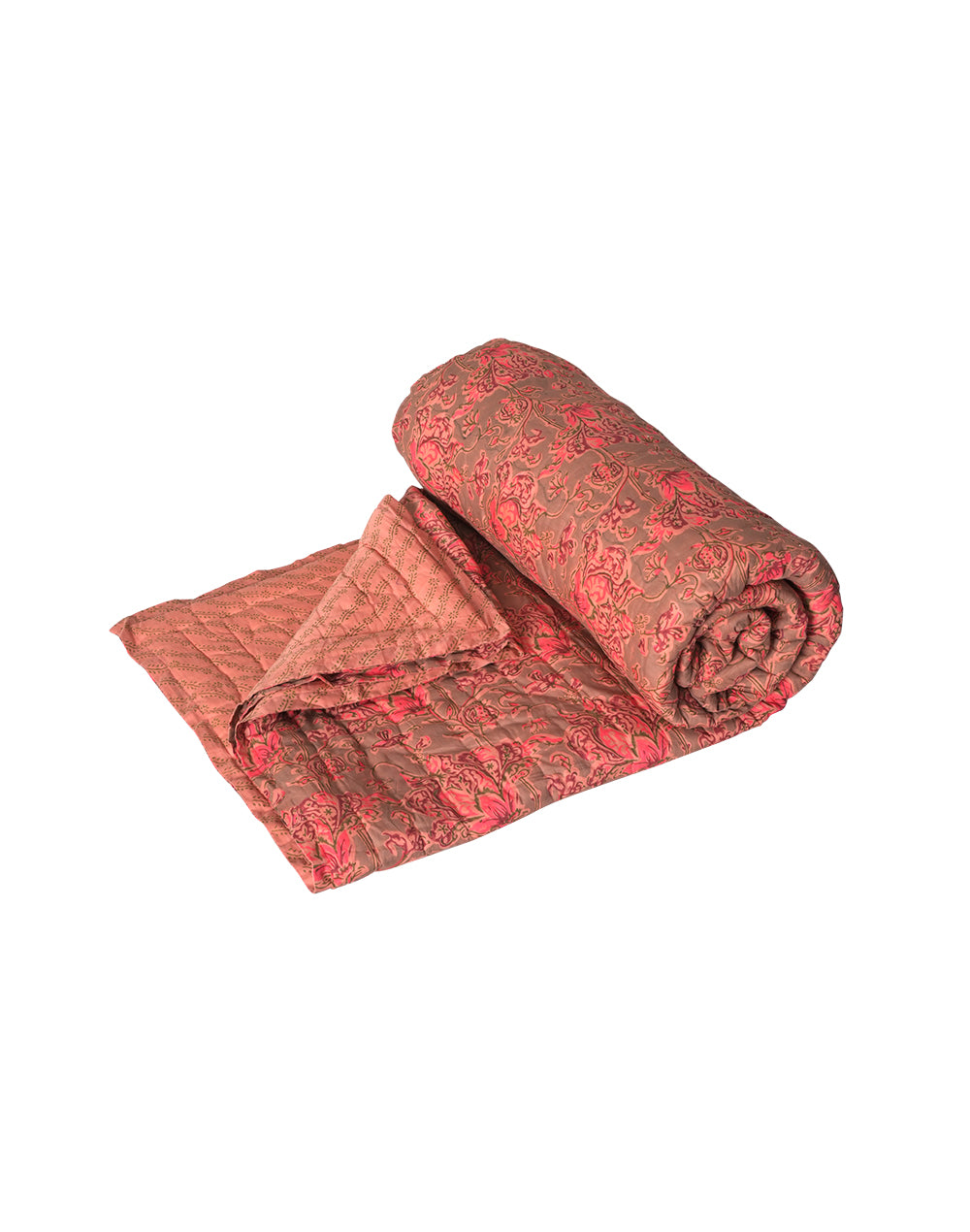 Pink Floral Block Printed Cotton Quilt-Queen