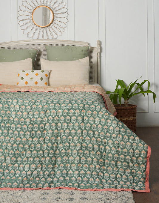 Green Block Printed Cotton Quilt- Medium