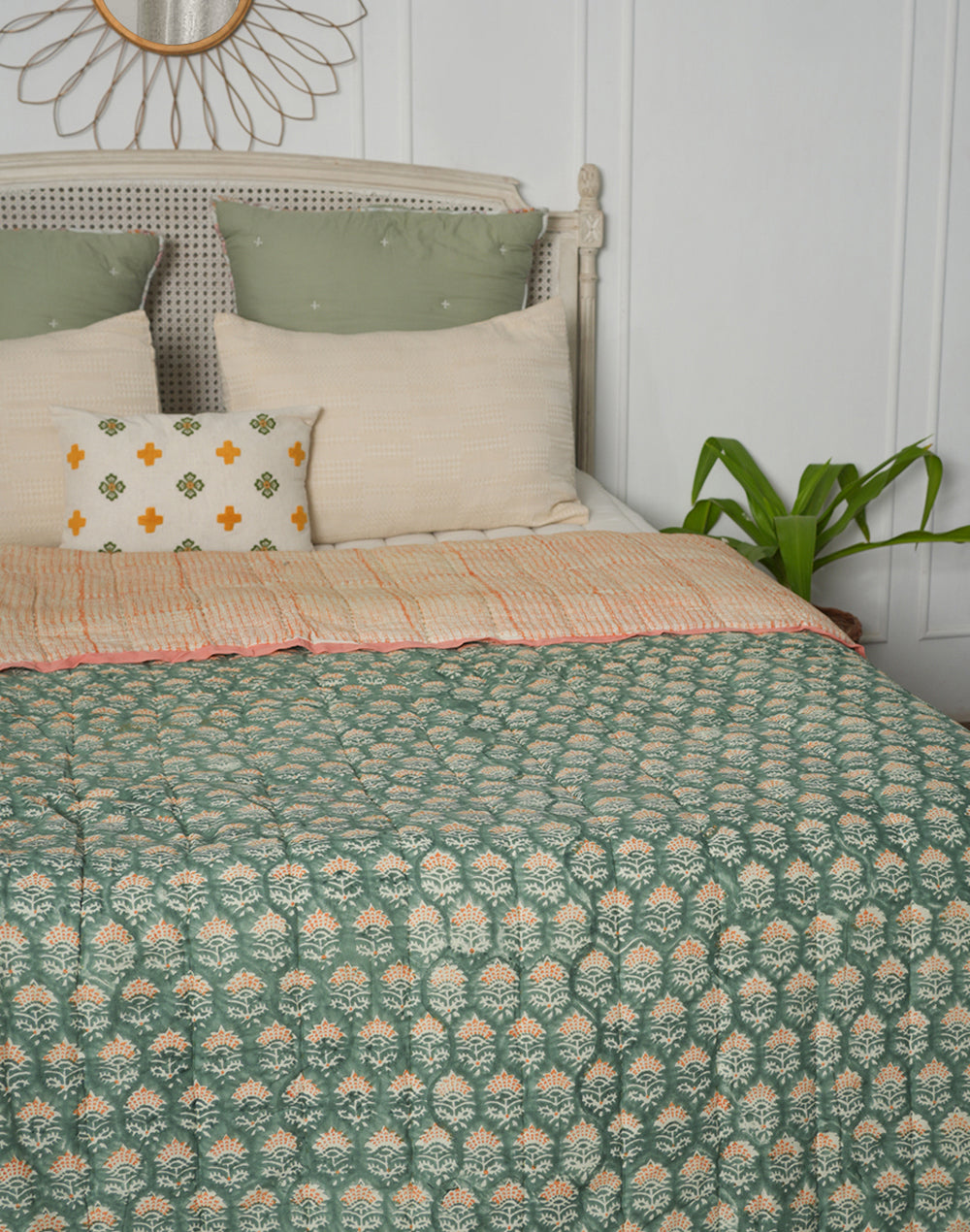 Green Block Printed Cotton Quilt- Medium