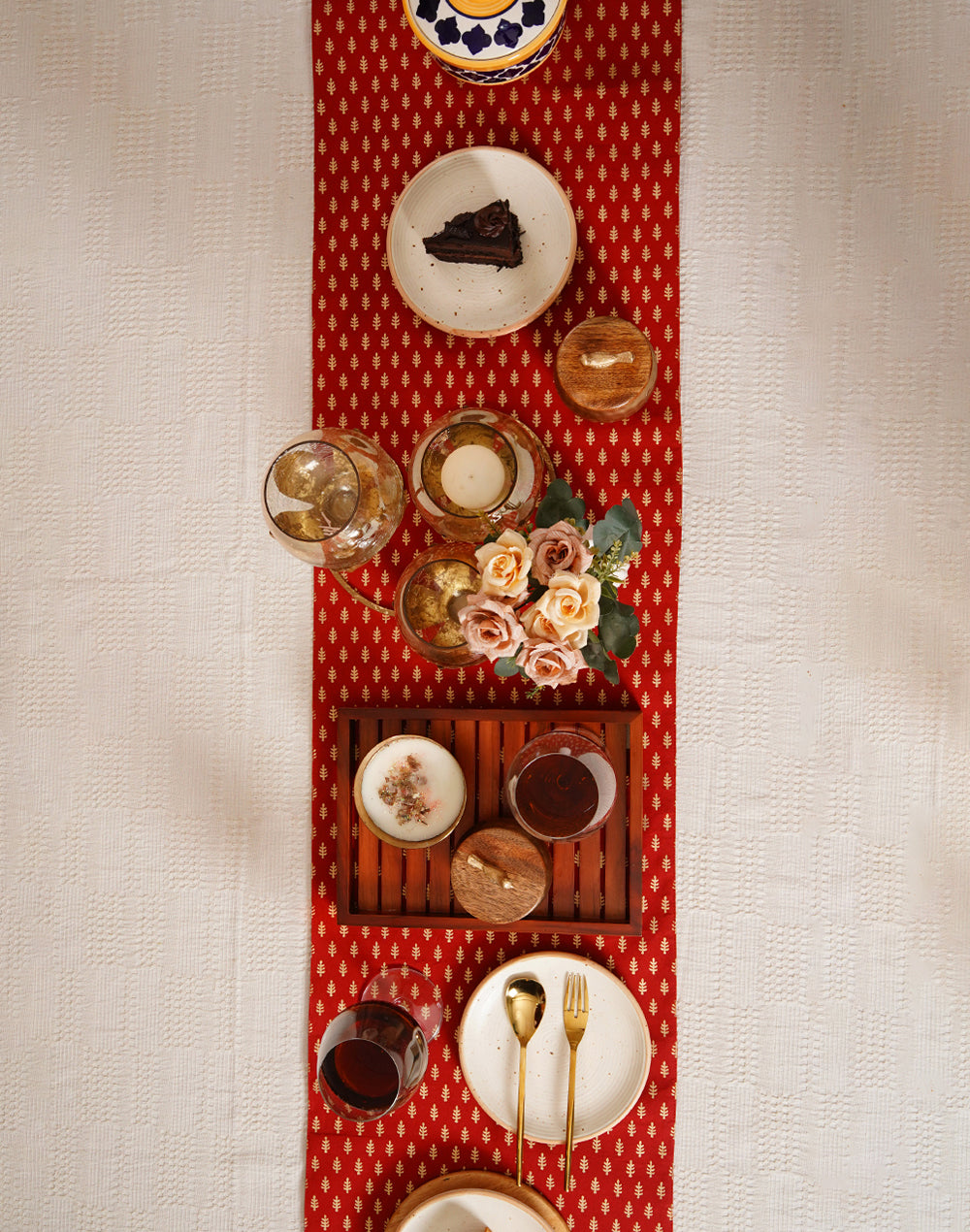 Red Decorative Gold Print Cotton Table Runner