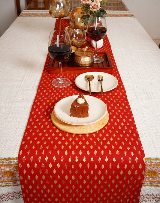 Red Decorative Gold Print Cotton Table Runner