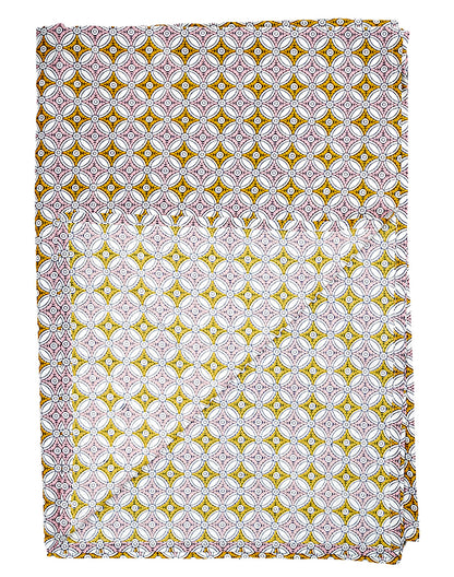 Patterned fabric with a geometric design on a white background