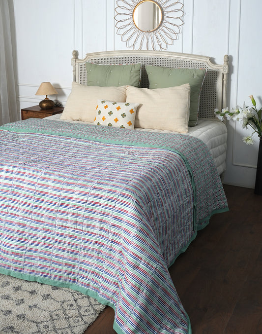 Multicolor Stripes Block Printed Cotton Quilt