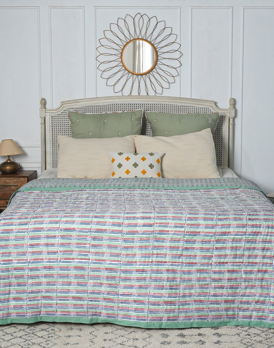 Multicolor Stripes Block Printed Cotton Quilt