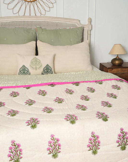 Pink Floral Reversible 100% Cotton Quilt