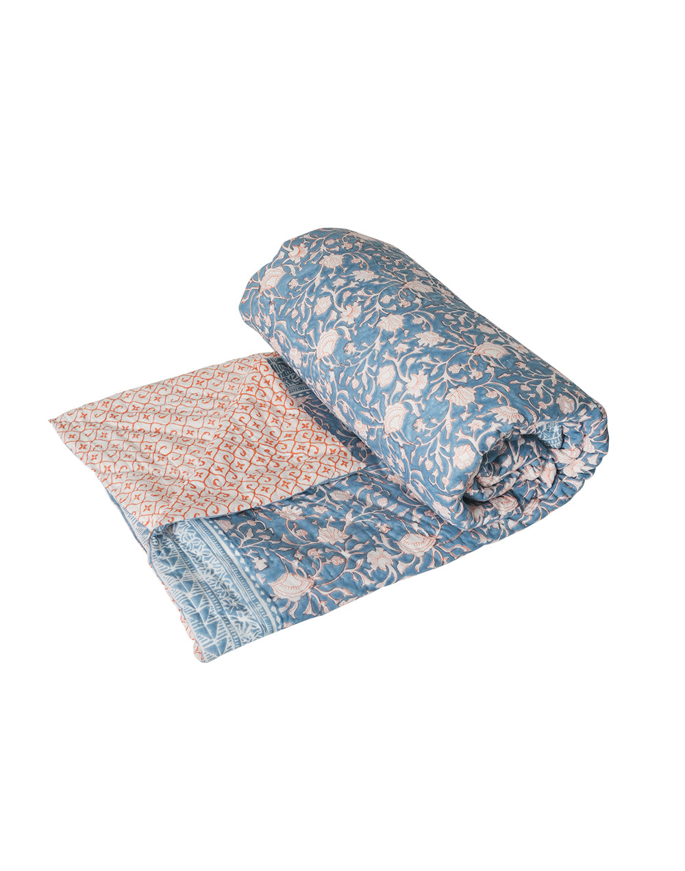 Blue Block Printed Ac Cotton Quilt