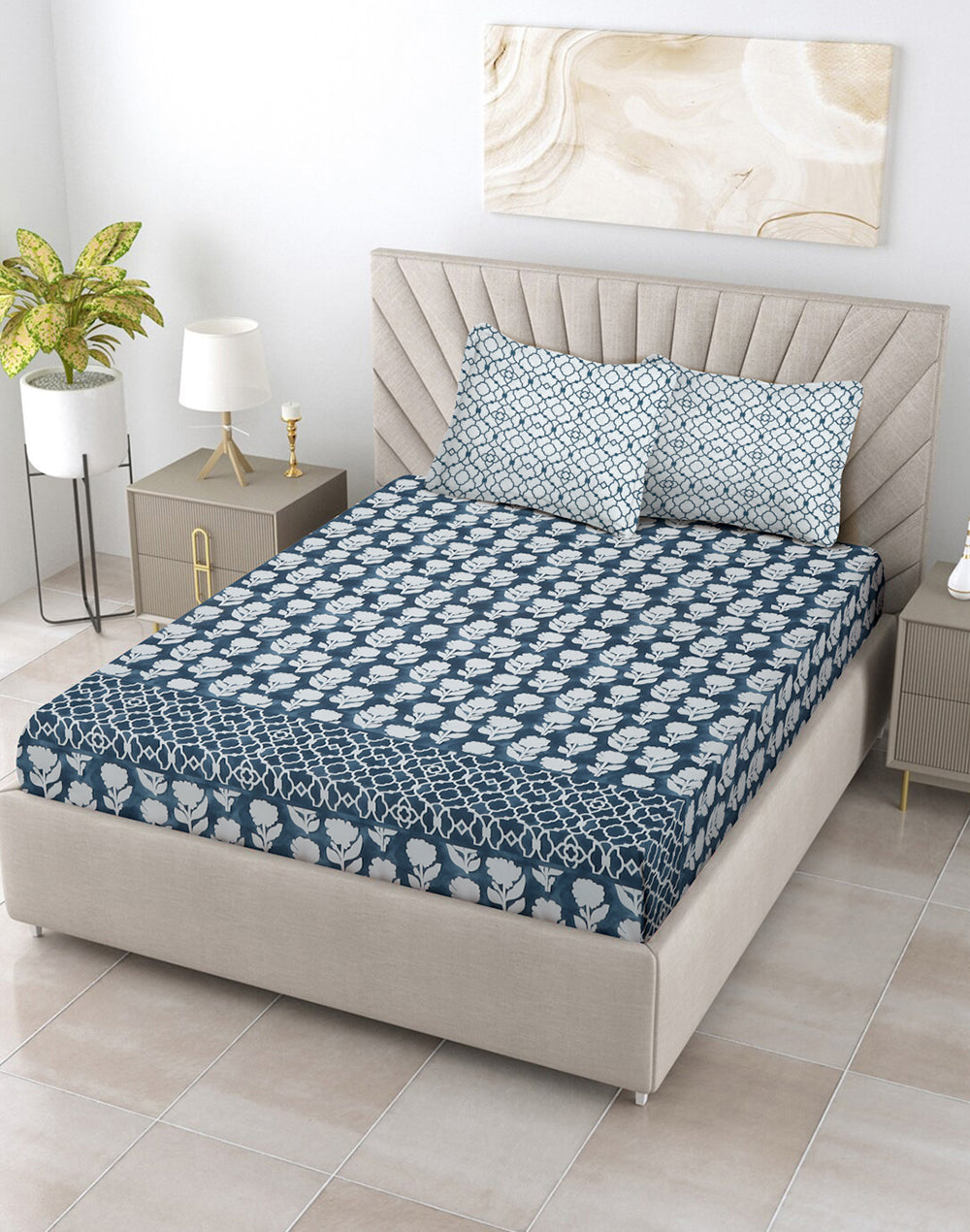 King Size - Blue Floral Cotton Bedsheet Set with 2 Pillow Covers