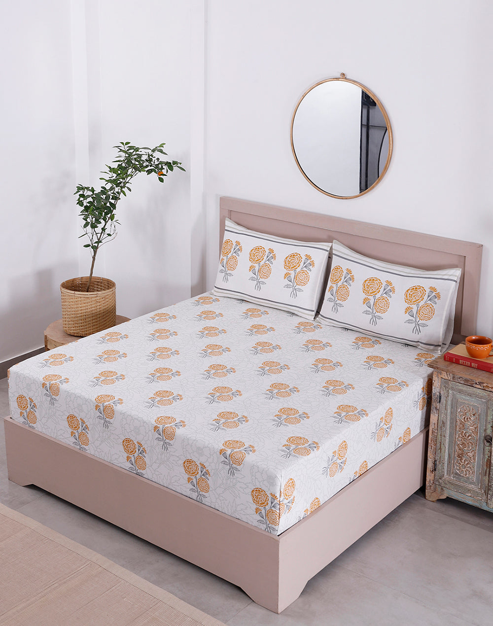 King Size - Yellow Marigold Cotton Bedsheet Set with 2 Pillow Covers