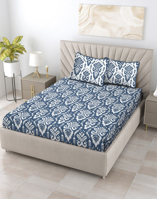 Queen Size - Blue Cotton Bedsheet Set With 2 Pillow Covers
