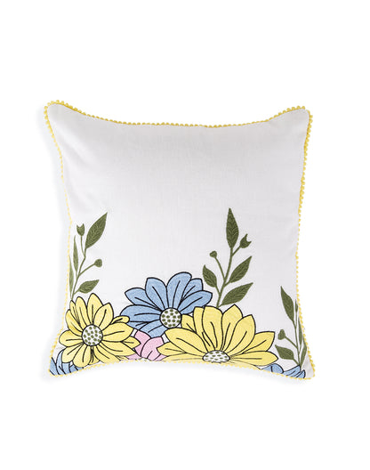 Set Of 2 - Off White Floral Embroidery Cotton Cushion Cover  - 16"X16"
