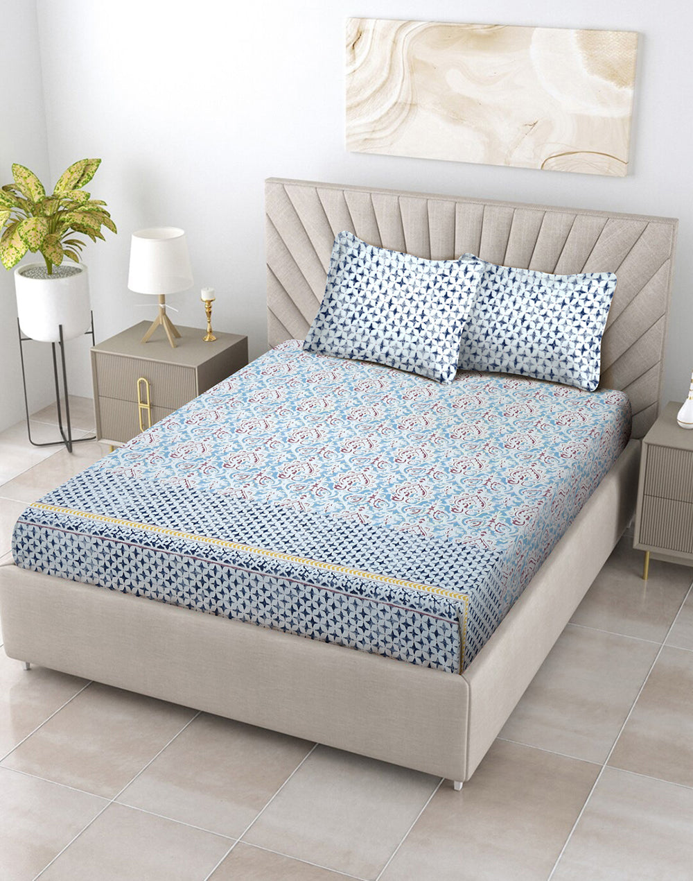 Blue Cotton Bedsheet Set with 2 Pillow Covers