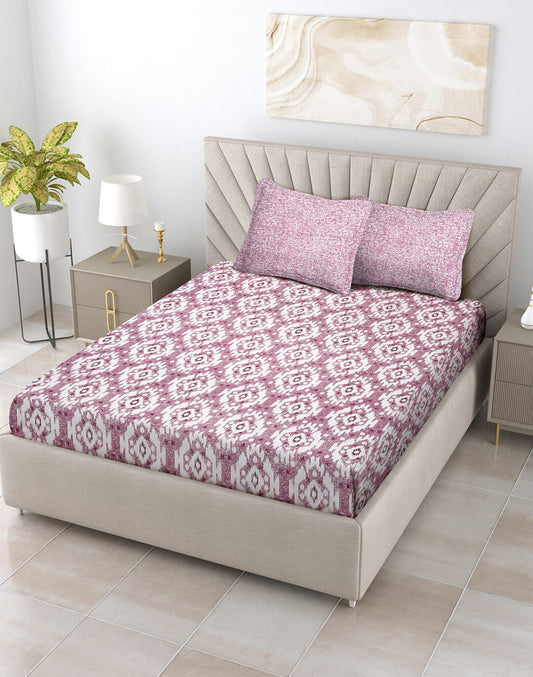 King Size- Purple Ikat Print Cotton Bedsheet Set with 2 Pillow Covers