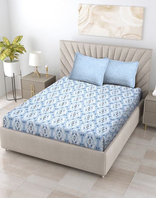 King Size- Ikat Print Cotton Bedsheet Set with 2 Pillow Covers