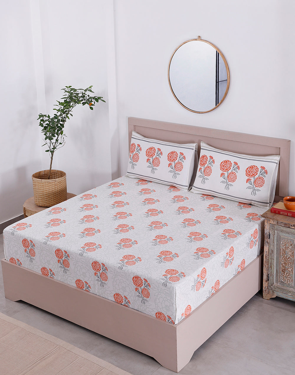 King Size - Orange Marigold Cotton Bedsheet Set with 2 Pillow Covers