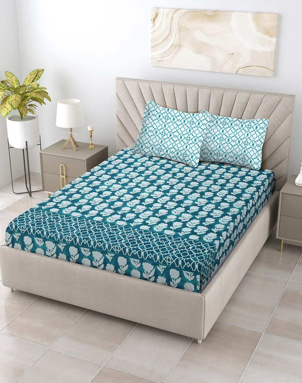 King Size - Green Floral Cotton Bedsheet Set with 2 Pillow Covers