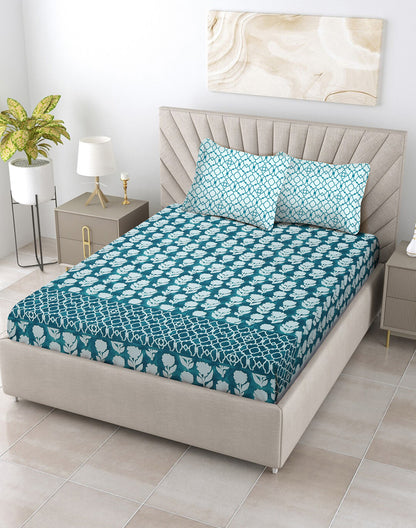 King Size - Green Floral Cotton Bedsheet Set with 2 Pillow Covers