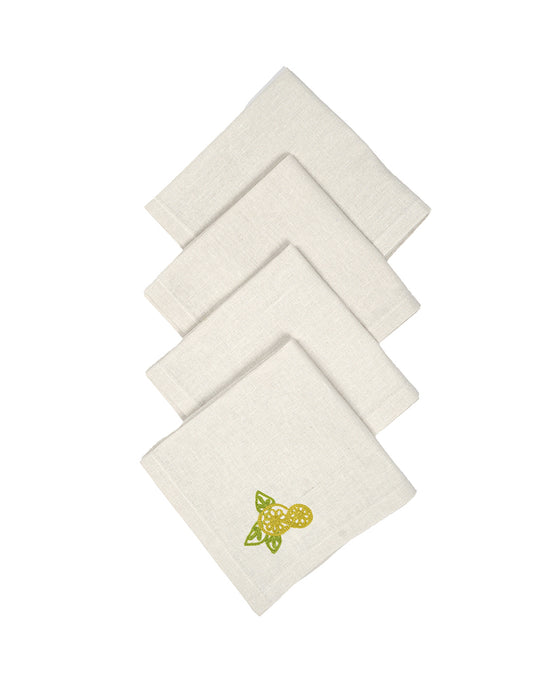 Set Of 4 - 10" Lemon Embroidered Cocktail Napkin/ Party Napkins
