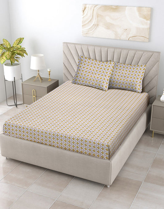 Queen Size - Orange Geometric Print Cotton Besheet Set with 2 Pillow Covers