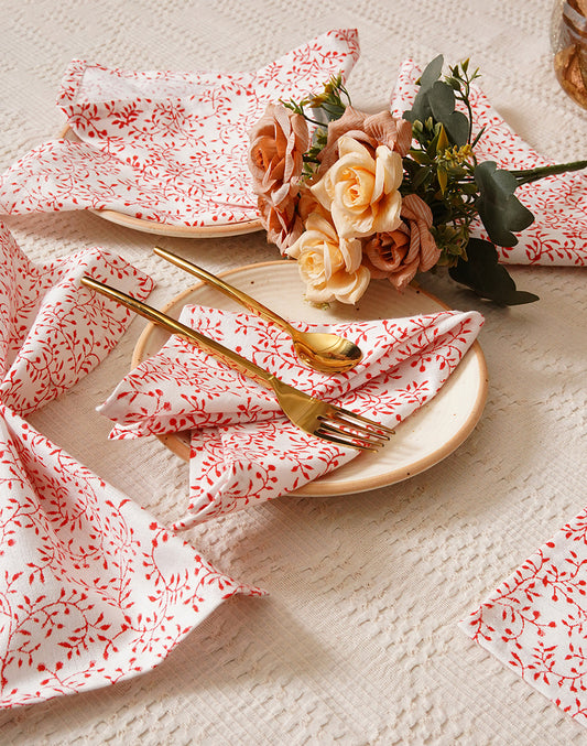 Set Of 6 - 12 " Red Leafy Cotton Printed Soft Napkin