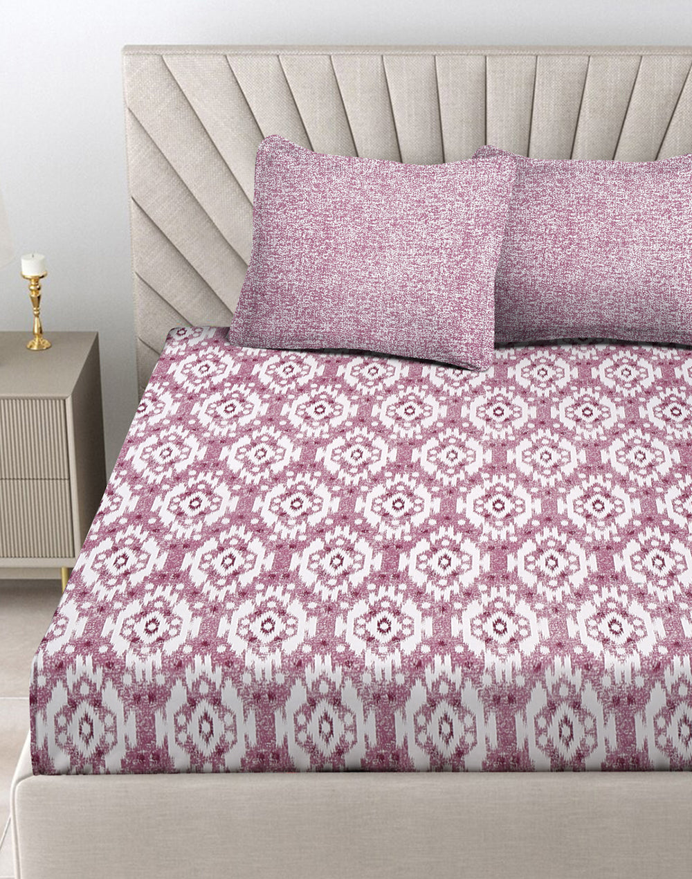 King Size- Purple Ikat Print Cotton Bedsheet Set with 2 Pillow Covers