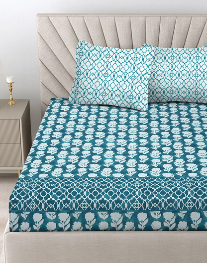 King Size - Green Floral Cotton Bedsheet Set with 2 Pillow Covers
