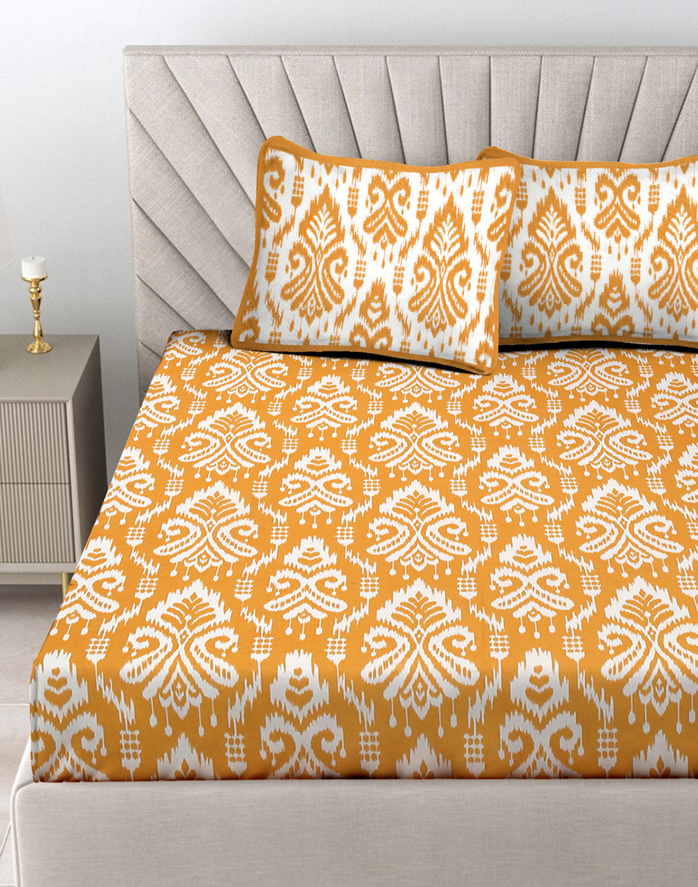 Queen Size - Yellow Cotton Bedsheet Set With 2 Pillow Covers