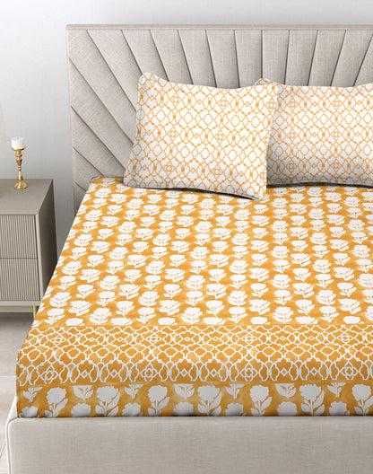 King Size - Yellow Floral Cotton Bedsheet Set with 2 Pillow Covers