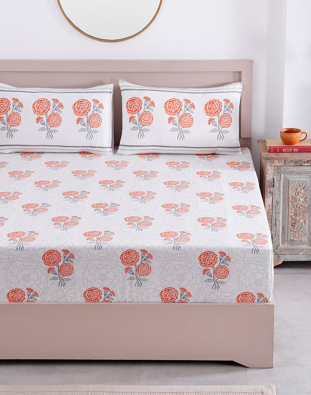 King Size - Orange Marigold Cotton Bedsheet Set with 2 Pillow Covers