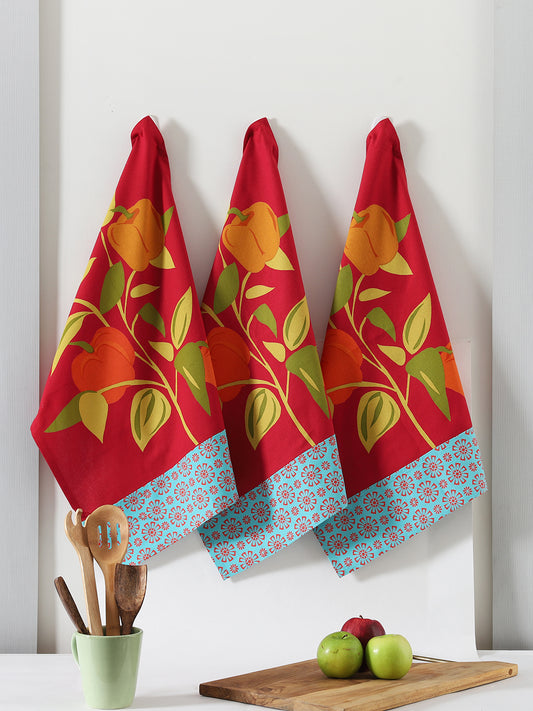 Set of 3 - Red Printed Reusable Cotton Kitchen Towel