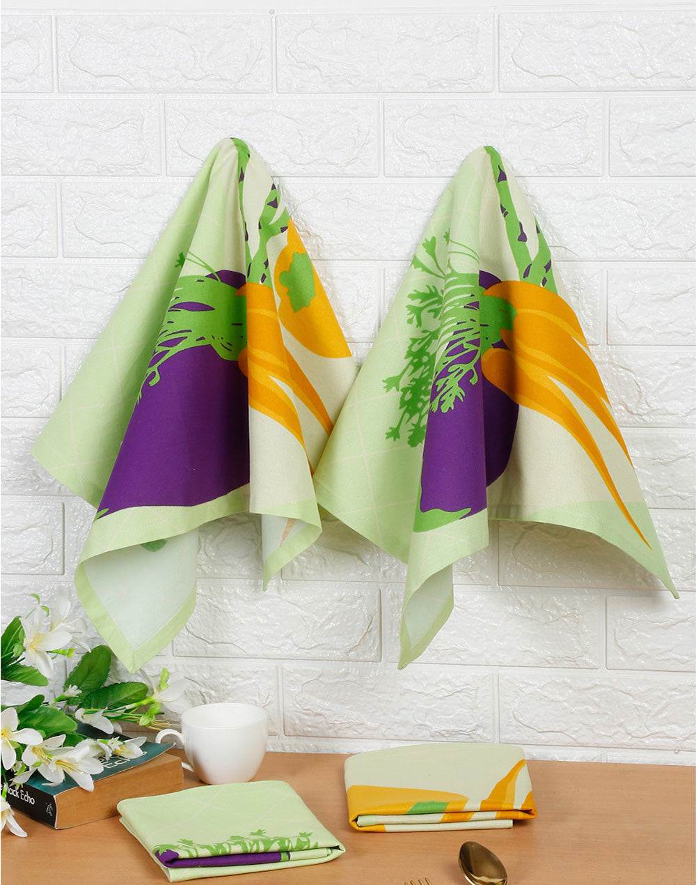 Set of 4 - Green Vegetable Cotton Kitchen Towel/ Dish Towel