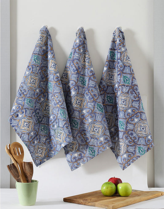 Set of 3 - Blue Printed Cotton Kitchen Towel