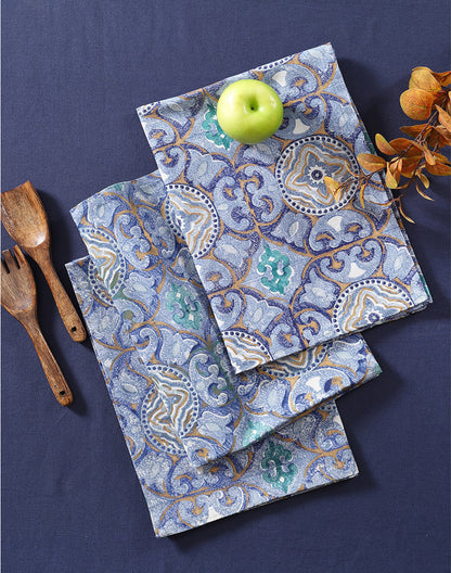 Set of 3 - Blue Printed Cotton Kitchen Towel
