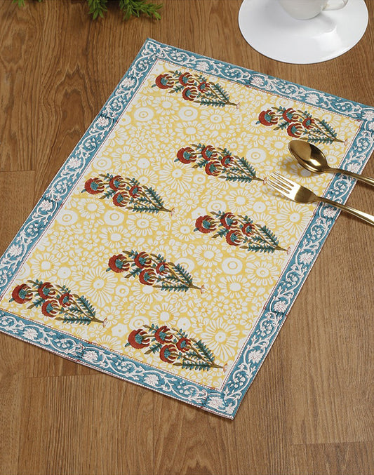 Set of 4- Yellow 100% Cotton Printed Placemat