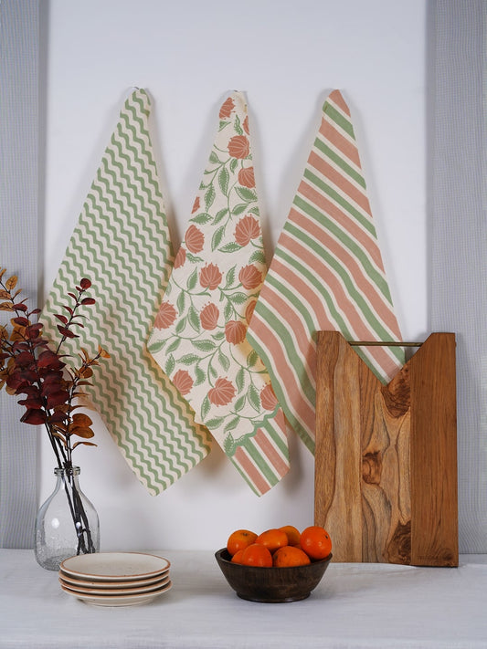 Set of 3 - Orange Floral Multipurpose Tea Towel/ Kitchen Towel