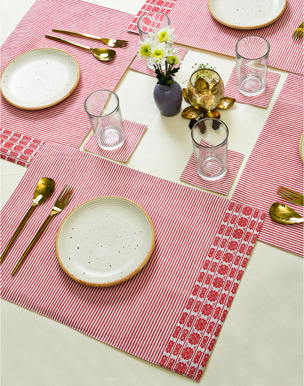 Set Of 4 - Pink Cotton Stripes Dinner Placemats